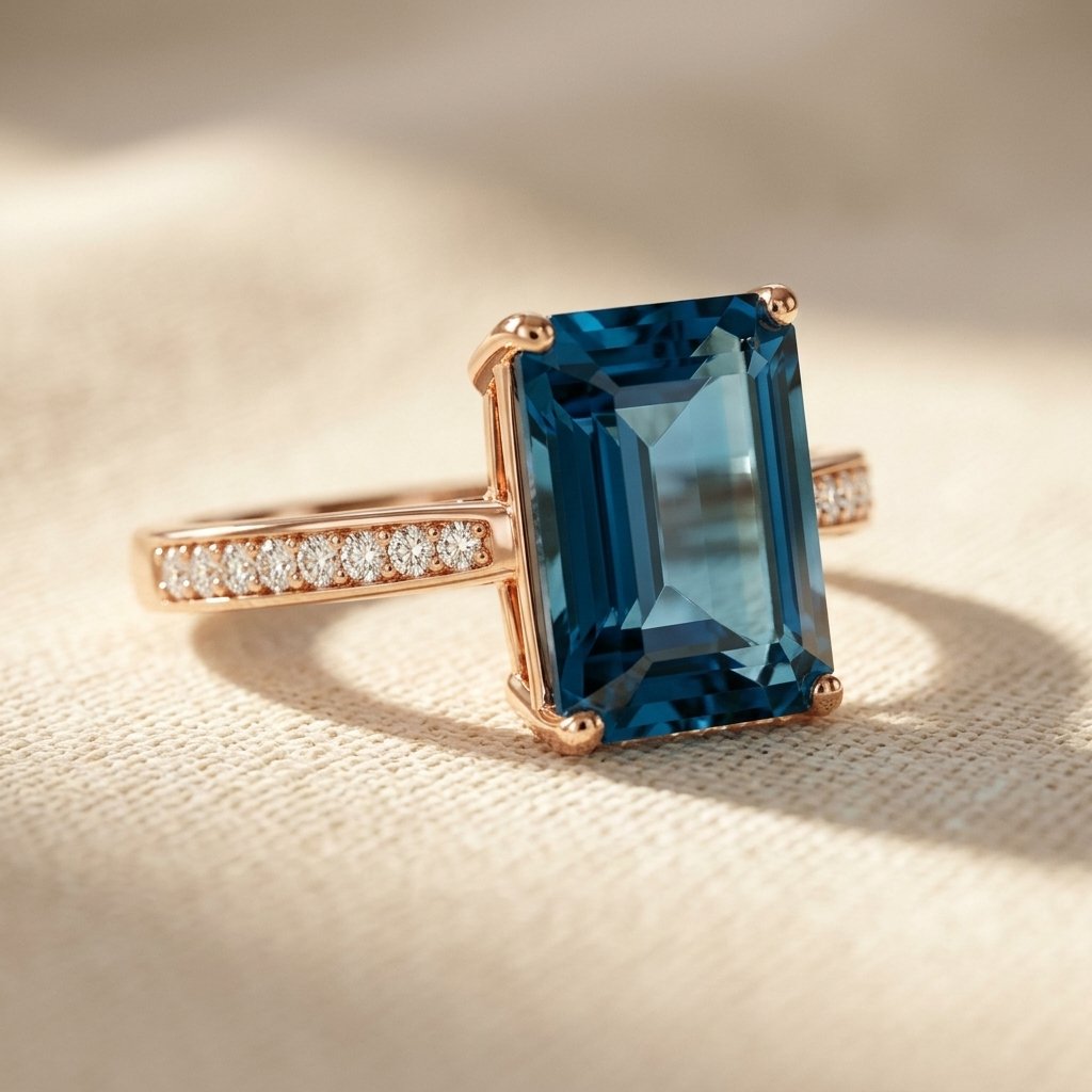 Rosé goudkleurige vierkante ring met London blue topaas