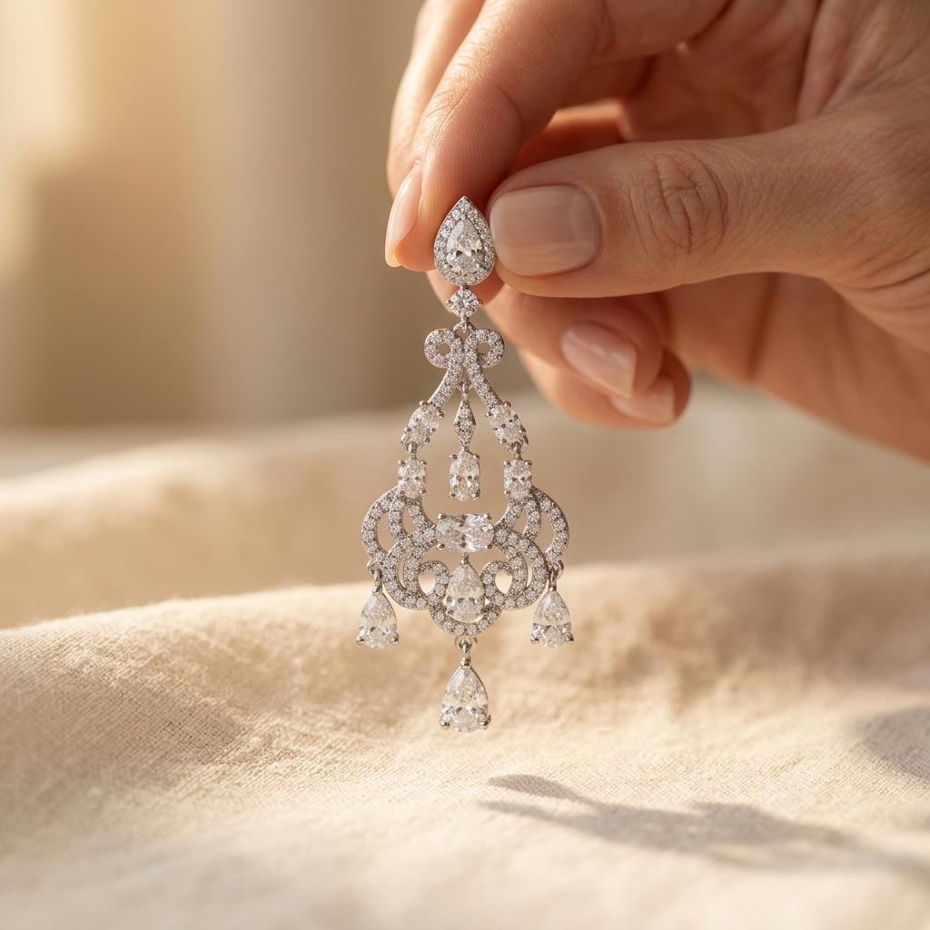 Zilverkleurige kroonluchter oorhangers met druppelvormige zirkonia