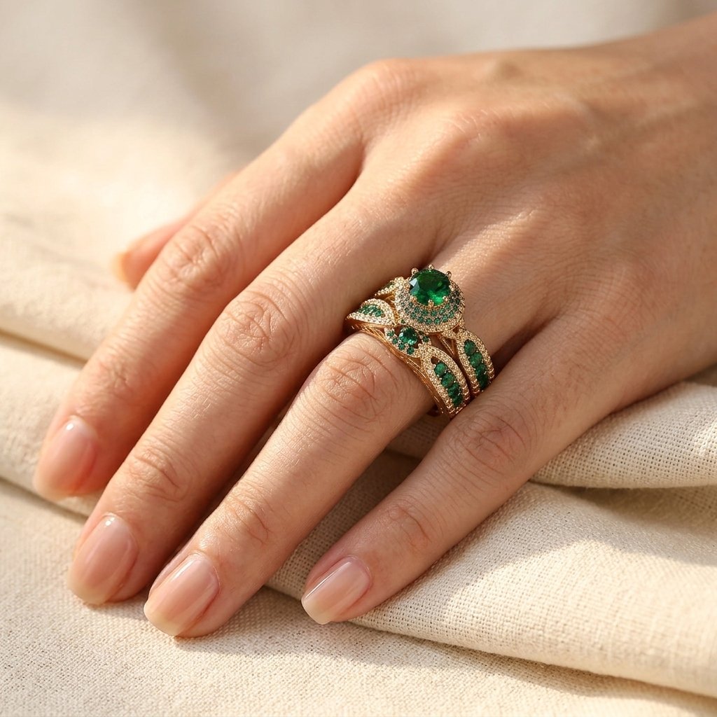 Vergulde filigrein ringenset met smaragd