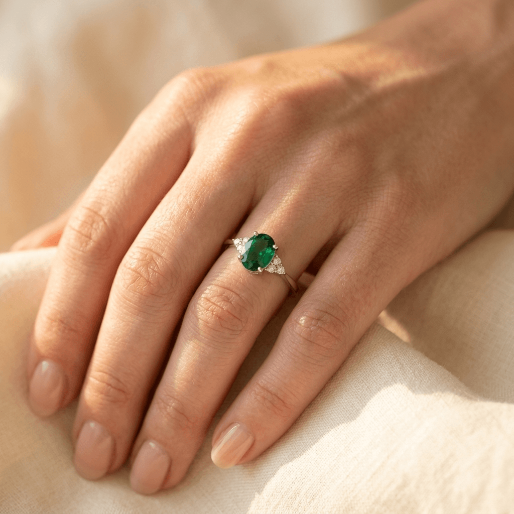 Zilverkleurige stapelring met ingelegde groene steen