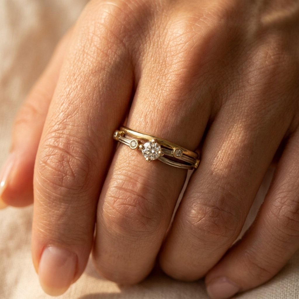 Tweekleurige goudkleurige ring met rond diamantaccent