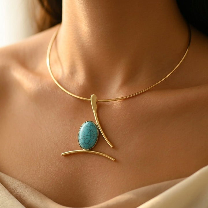 Boho Gold Turquoise Oval Pendant Necklace