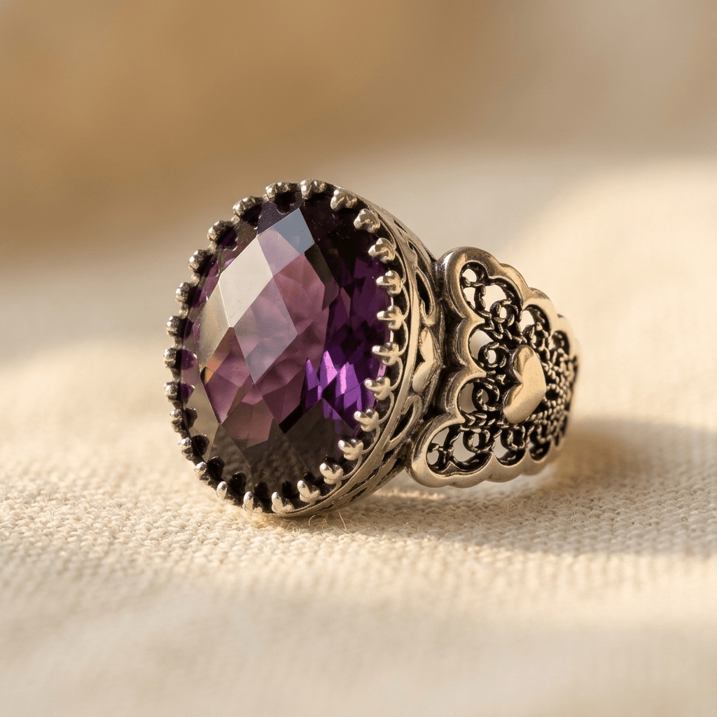 Etnische handgesneden hartring met paarse zirkonia