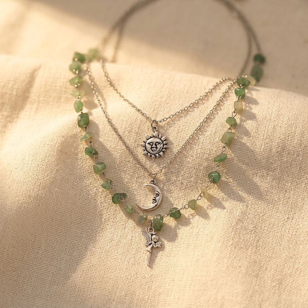 Bohemien zilverkleurige prehniet drielaagse ketting