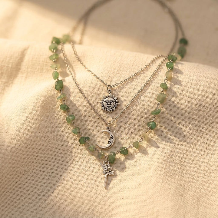 Bohemian Silver Prehnite Three Layer Necklace
