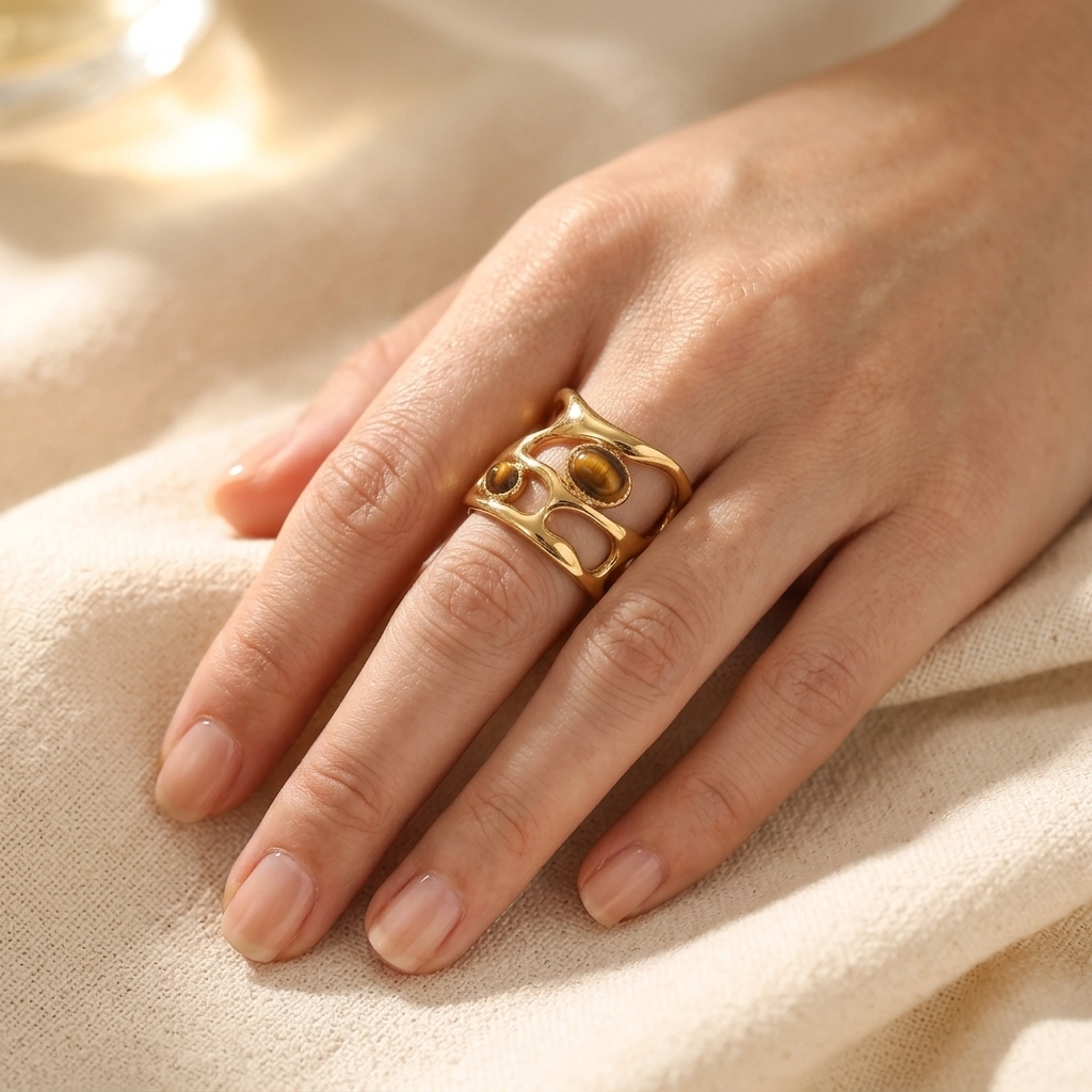 Vergulde geometrische cuff ring met tijgeroog steen