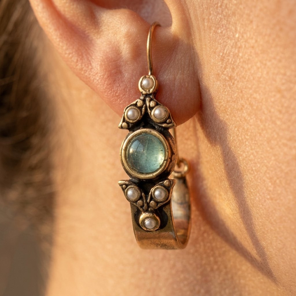 Vintage oorringen met mintgroene cabochon en parel