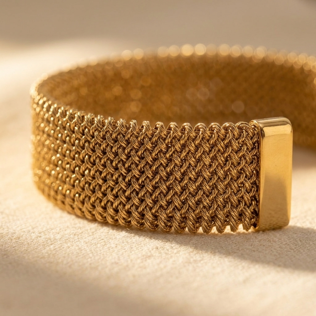 Goudkleurige geweven mesh cuff armband van roestvrij staal