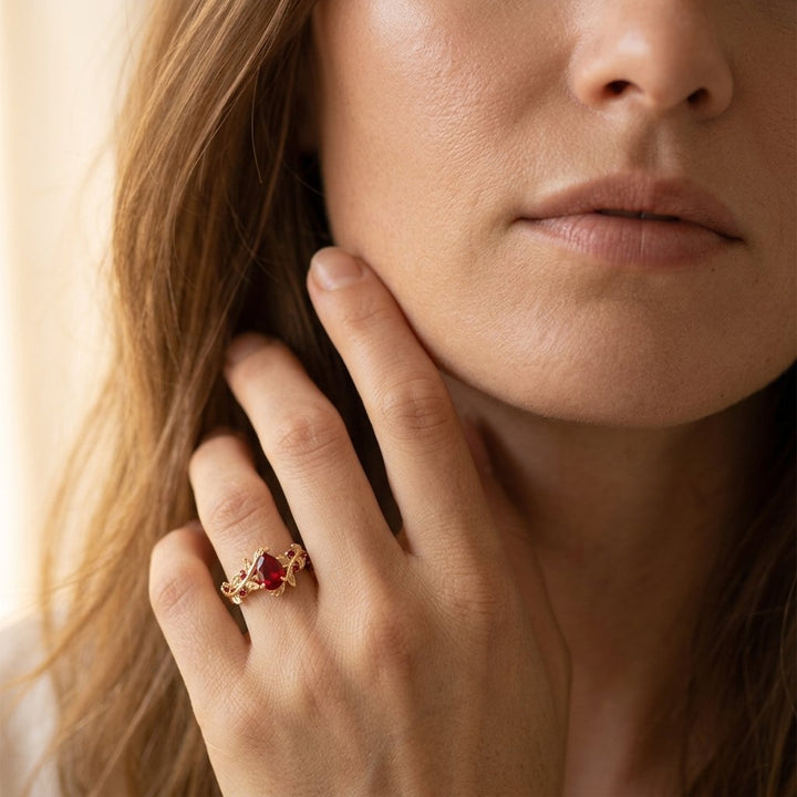 Gold Filigree Ruby Pear Ring