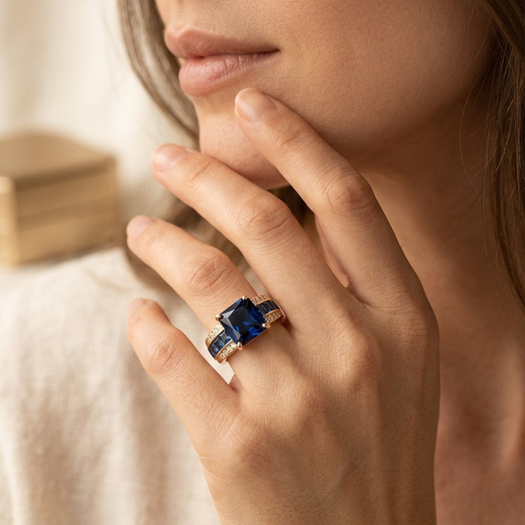 Goudkleurige cushion ring met blauwe saffier