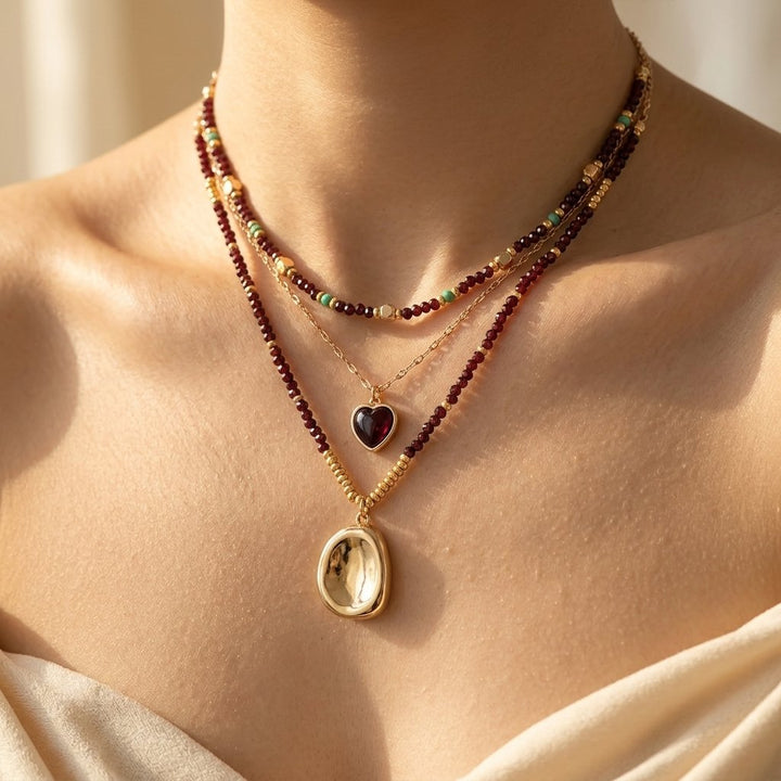 Boho Gold Garnet Heart Layered Necklace