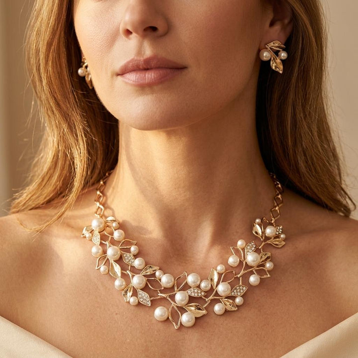 Floral Faux Pearl Gold Jewelry Set
