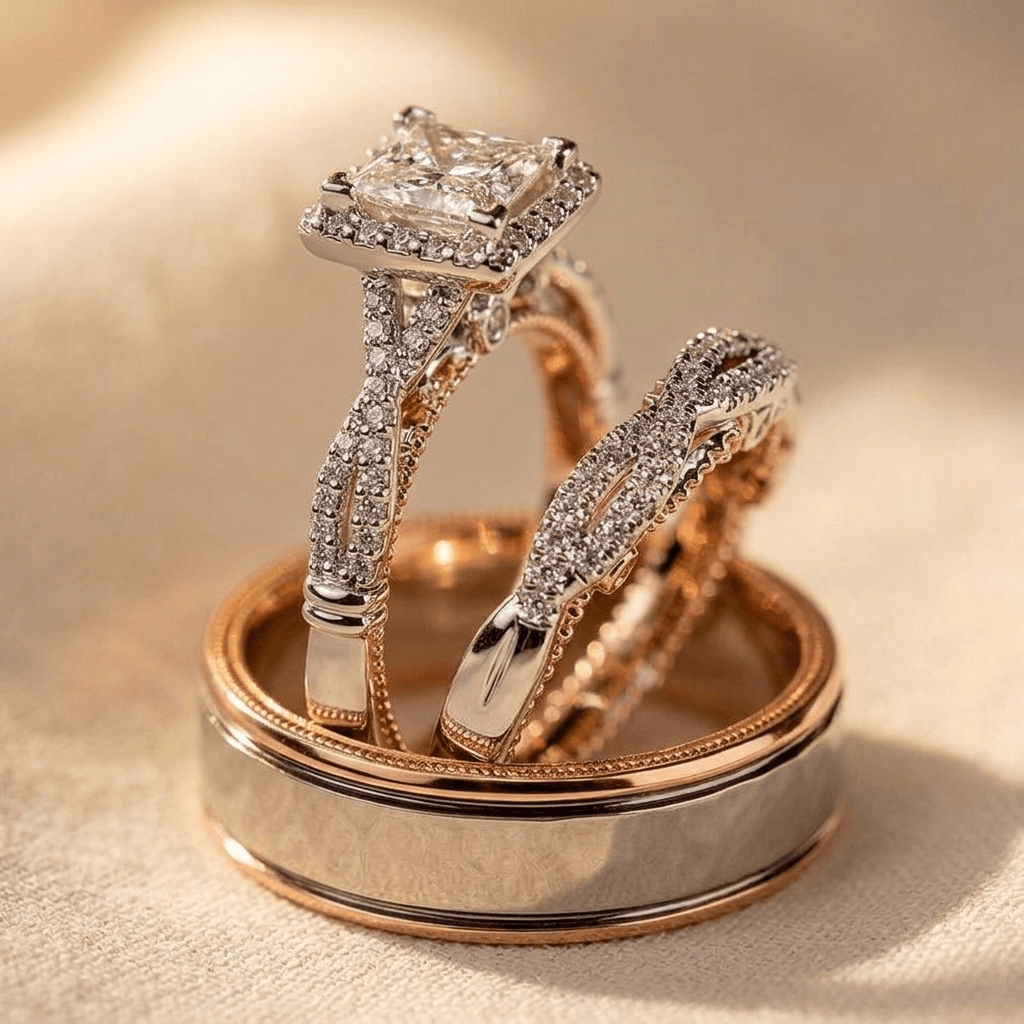 Verfijnde luxe ronde ringenset met synthetische zirkonia