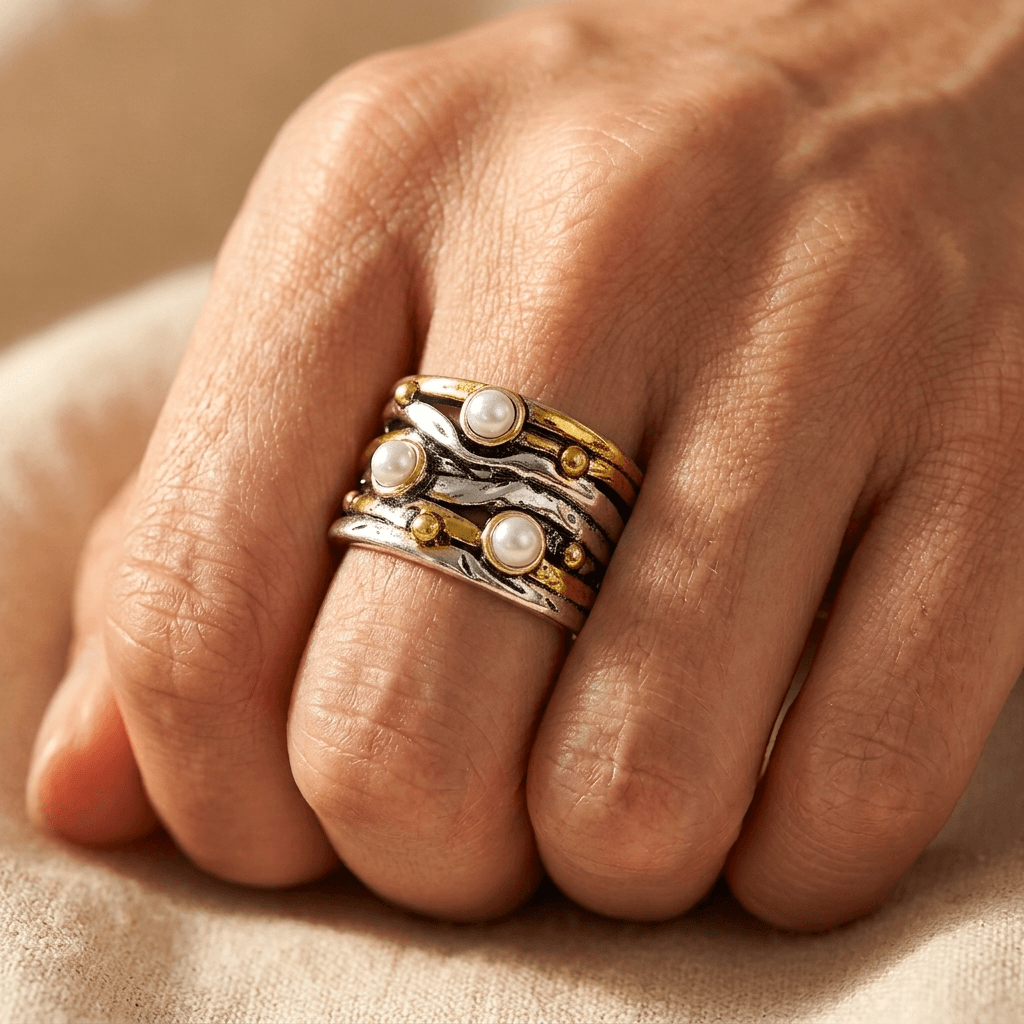 Vintage tweekleurige statement ring met parel