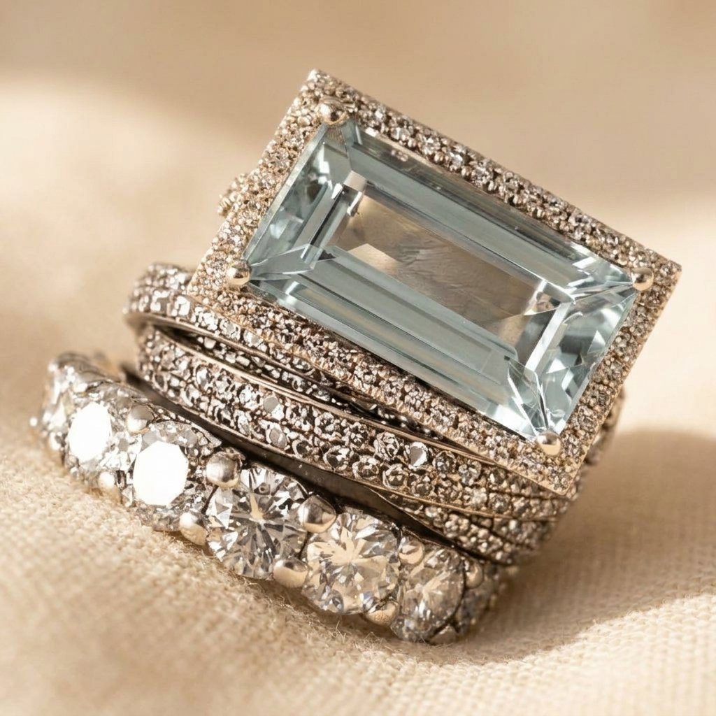 Vintage zilverkleurige ringenset met emerald geslepen aquamarijn