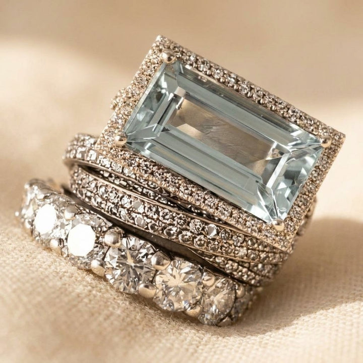 Vintage Silver Emerald Cut Aquamarine Ring Set