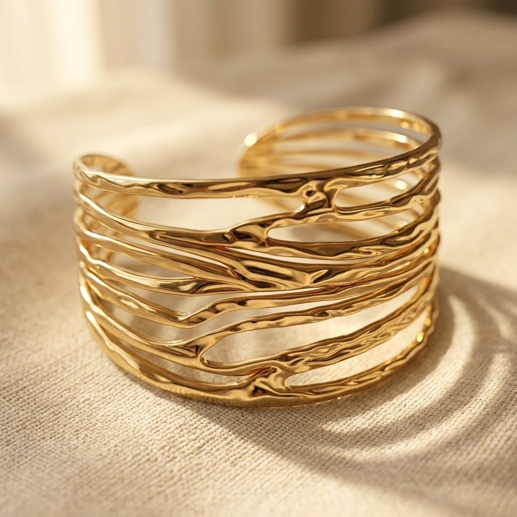 Goudkleurige cuff armband met structuur en opengewerkte golf