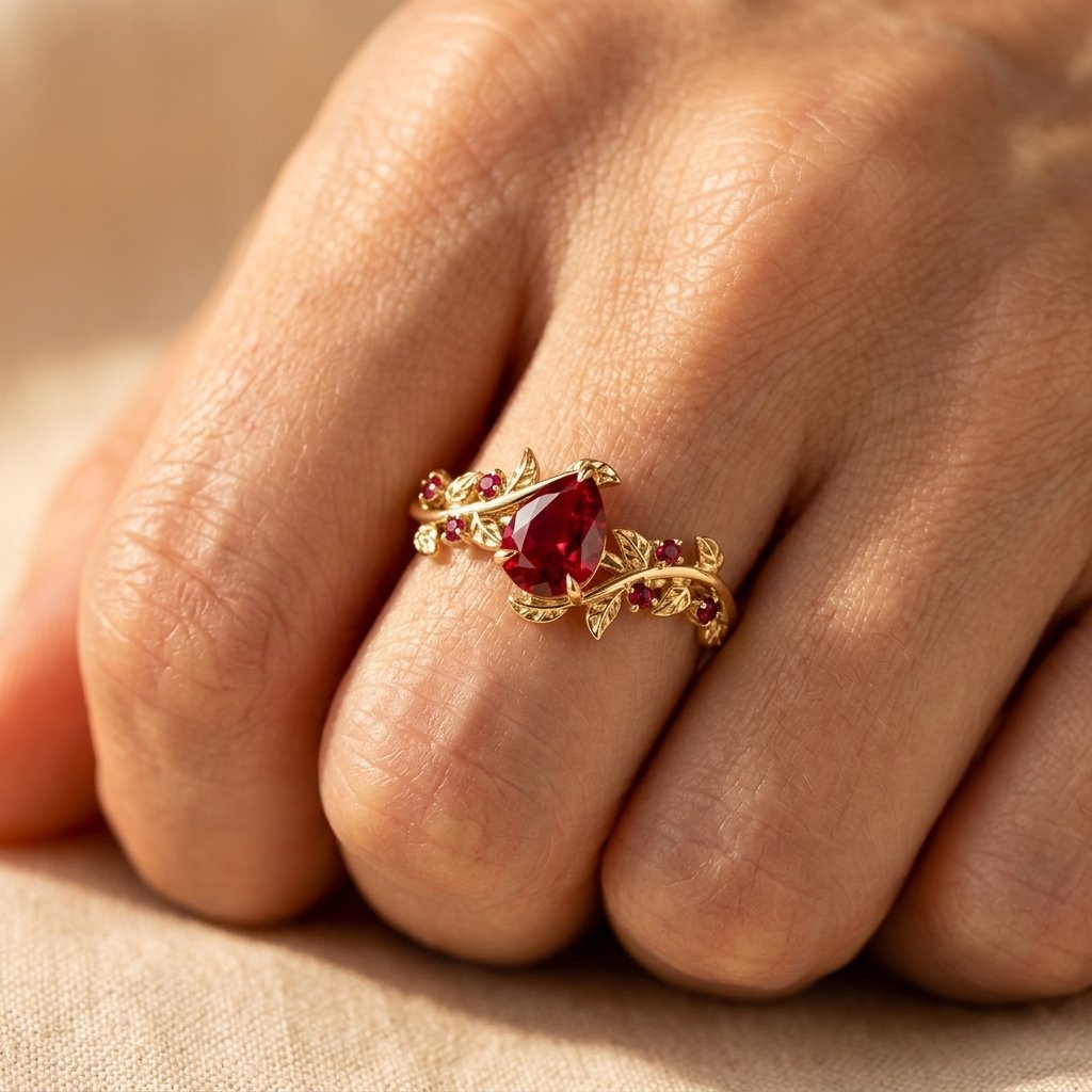 Goudkleurige filigrein ring met peervormige robijn