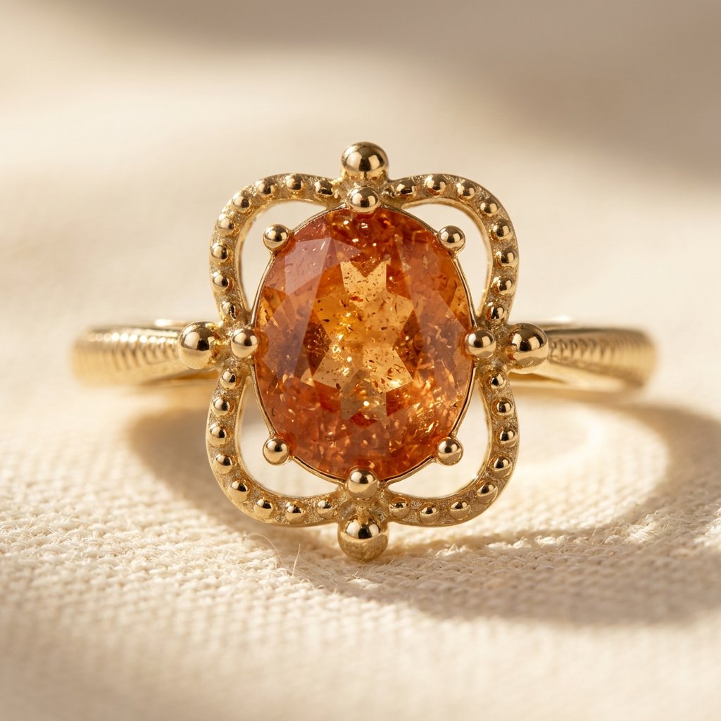 Goudkleurige bloemring met ovale amber kralen
