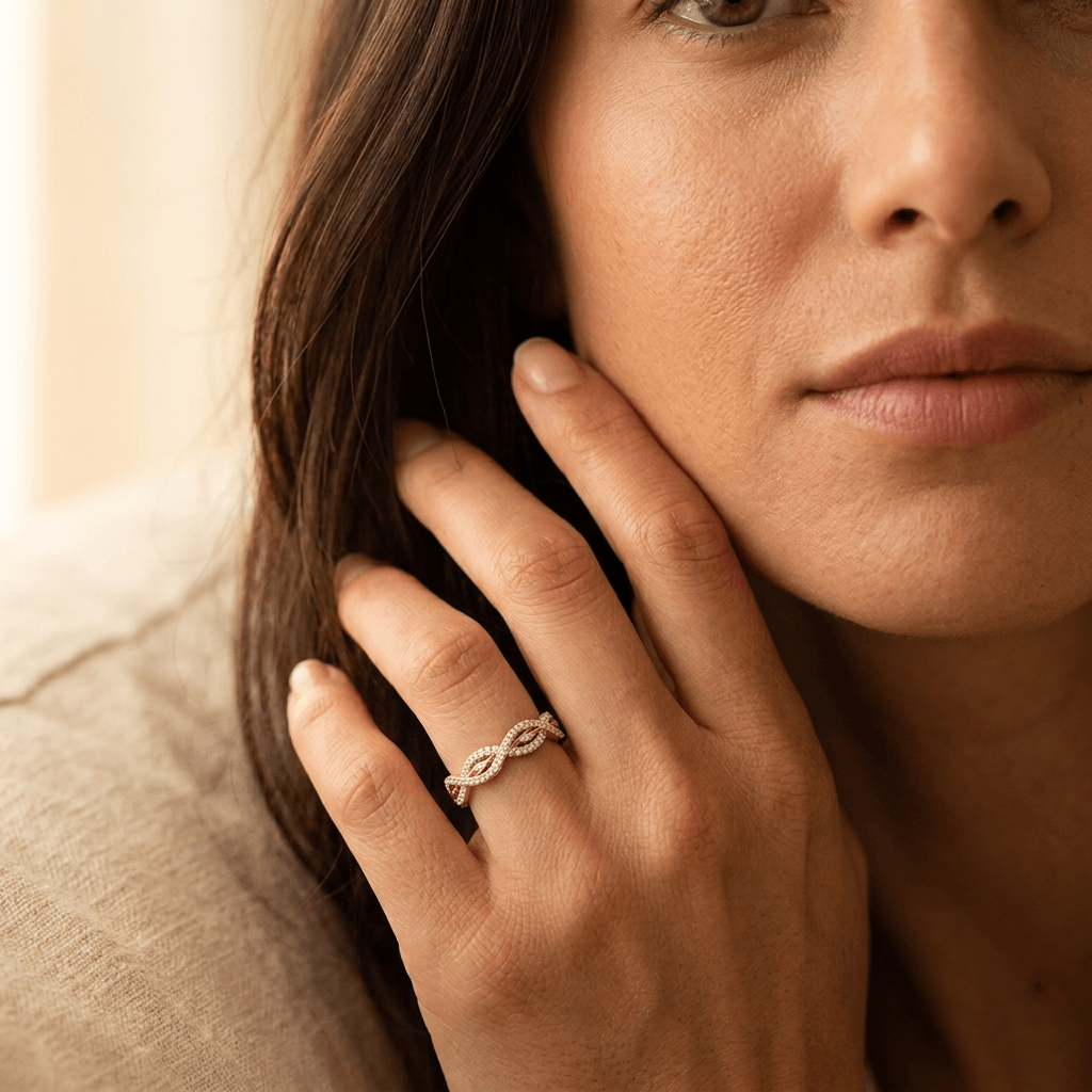 Modieuze elegante gedraaide zilverkleurige ring met zirkonia