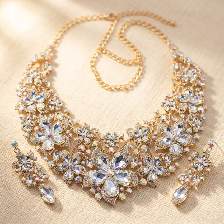 Vintage Baroque Gold Necklace Earrings Jewelry Set
