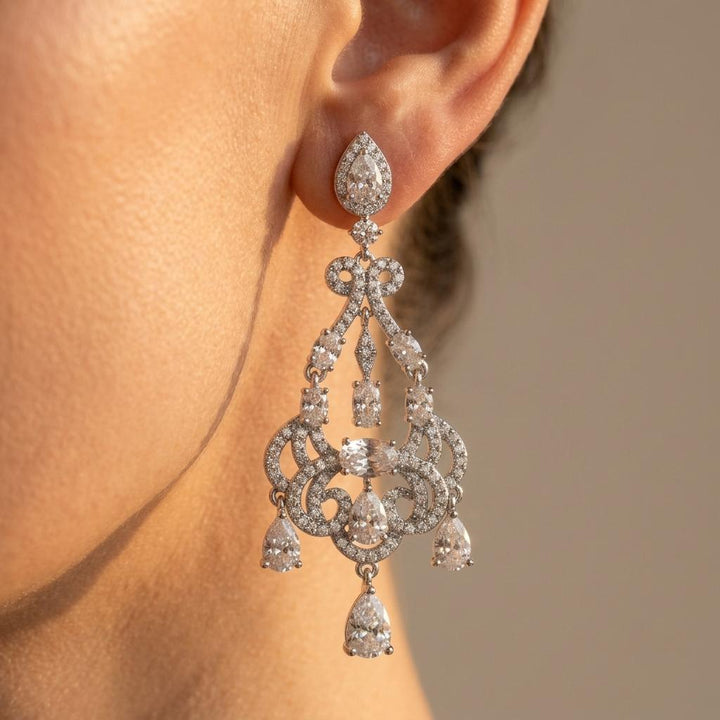 Cubic Zirconia Silver Chandelier Teardrop Earrings