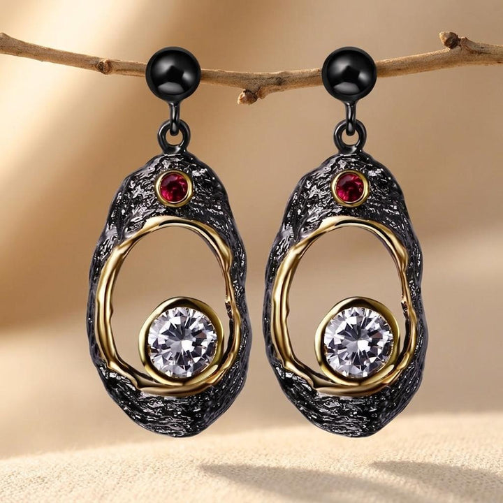 Black Gold Textured Oval Crystal Dangle Earrings