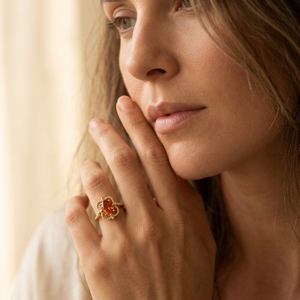 Goudkleurige bloemring met ovale amber kralen