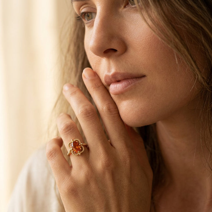 Gold Amber Oval Beaded Flower Ring