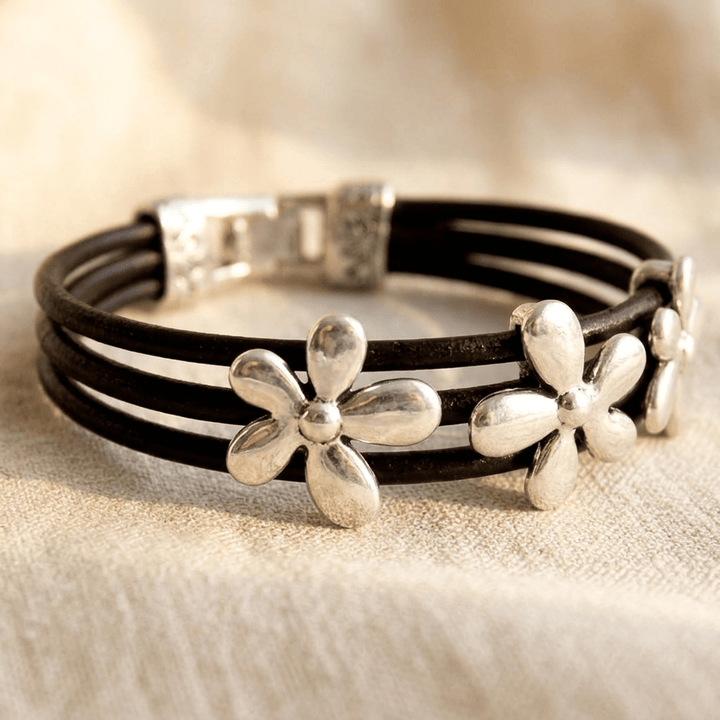 Silver Flower Charm Black Leather Bracelet