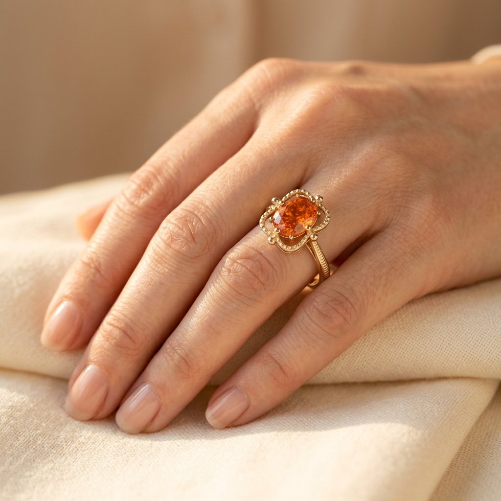Goudkleurige bloemring met ovale amber kralen