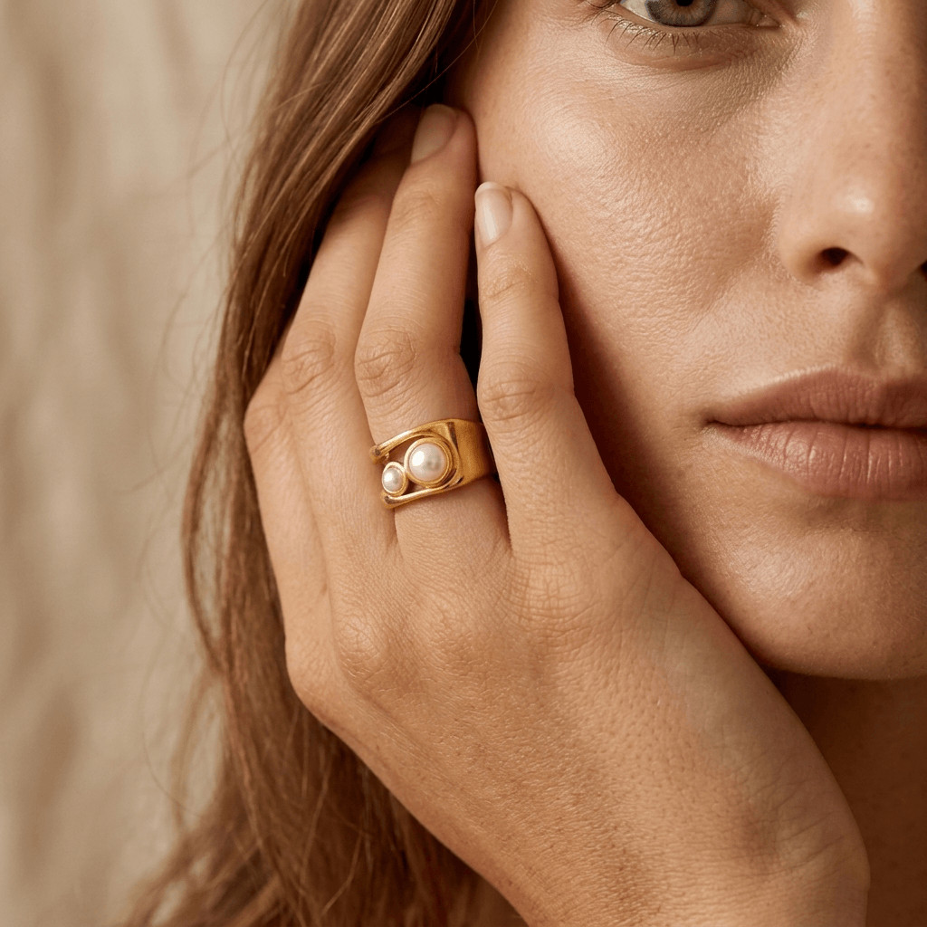 Elegante goudkleurige ovale parelring