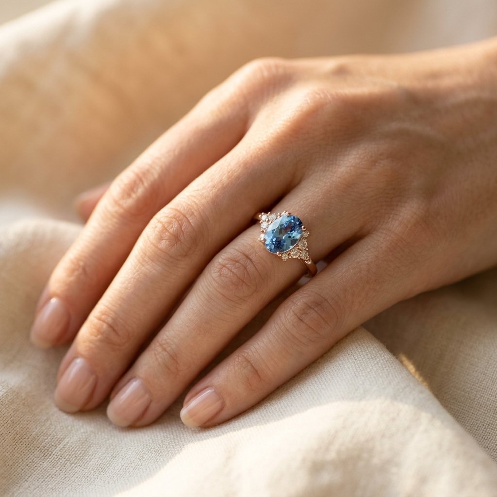 Rosé goudkleurige ovale ring met London blue topaas