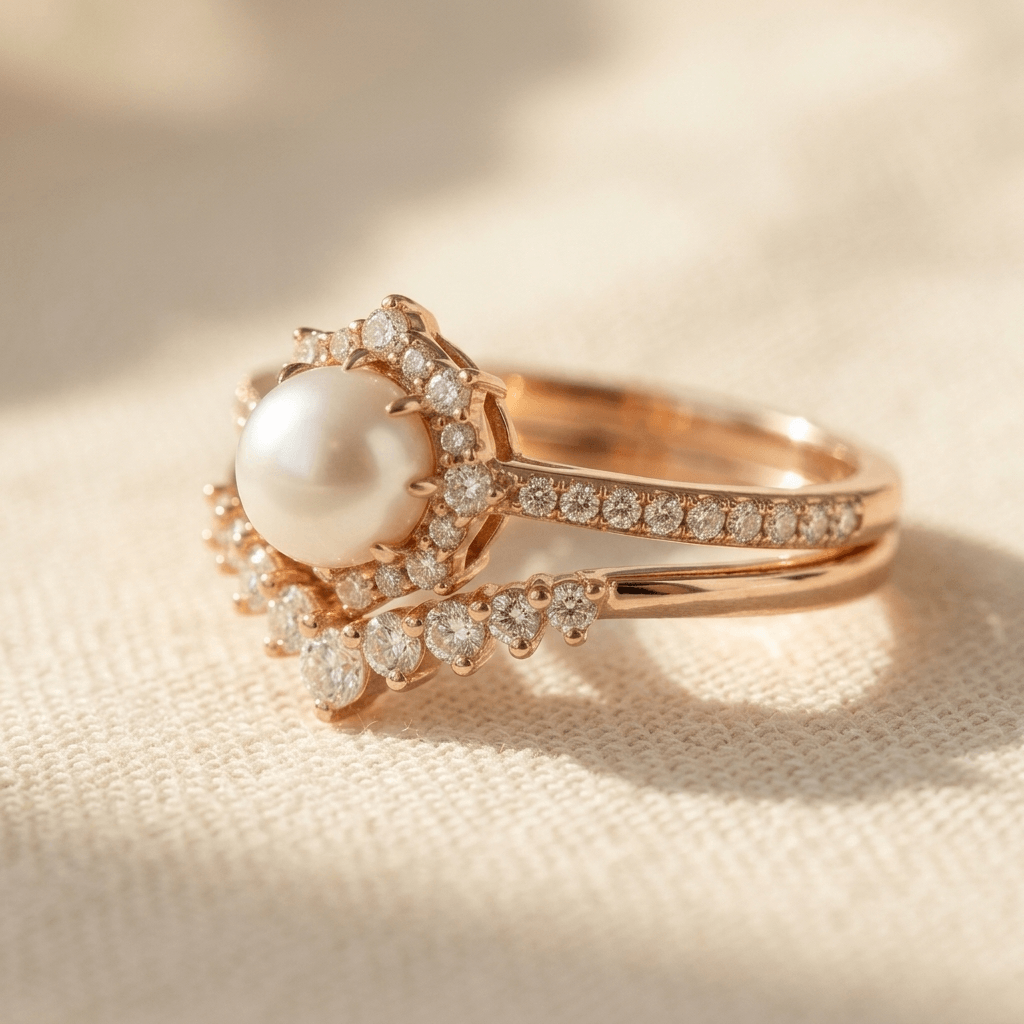 Vintage bohemien trouwring met ingelegde parel