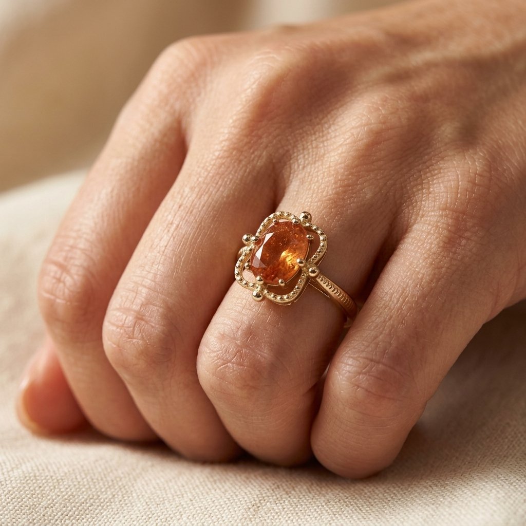Goudkleurige bloemring met ovale amber kralen