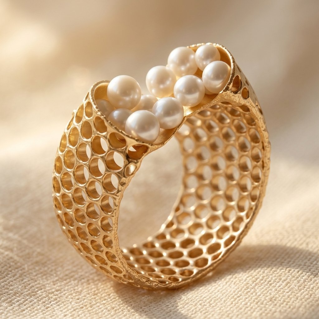 Goudkleurige filigrein ring met parelcluster