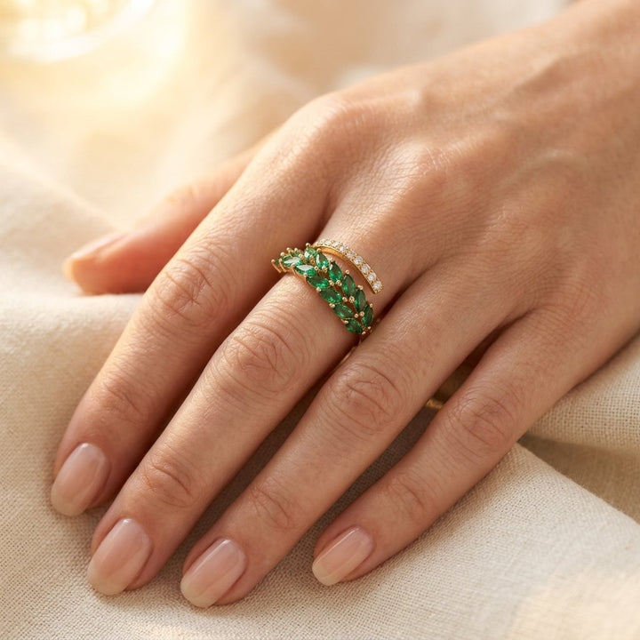 Gold Emerald Marquise Leaf Ring