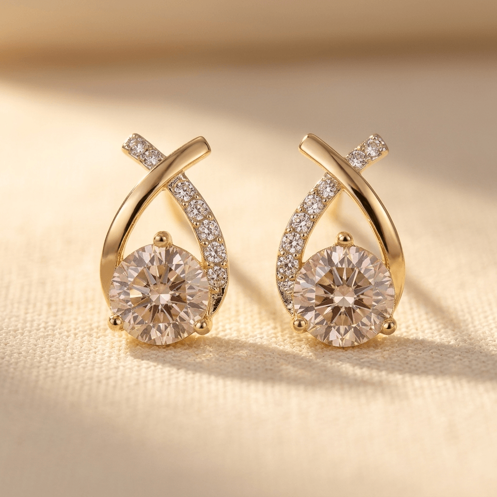 Goudkleurige druppel oorknopjes met champagne zirkonia