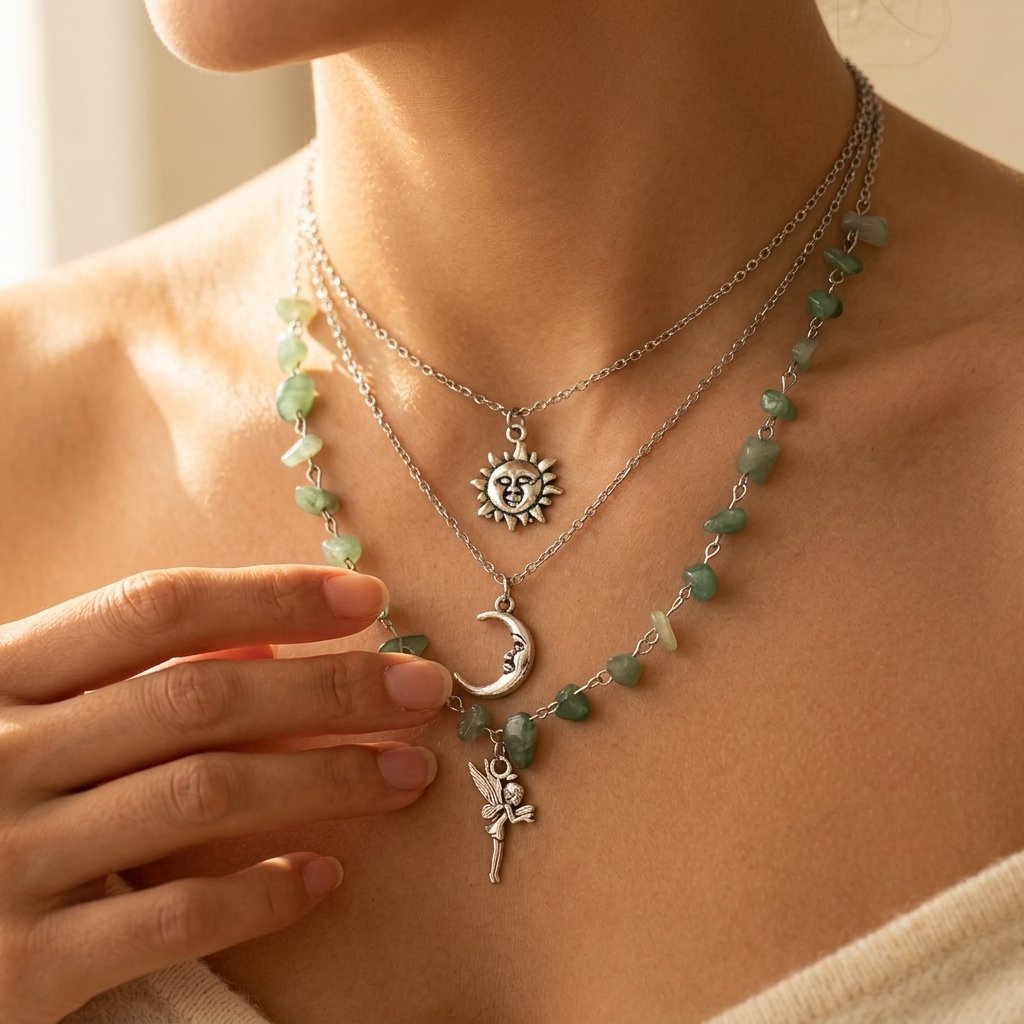 Bohemien zilverkleurige prehniet drielaagse ketting