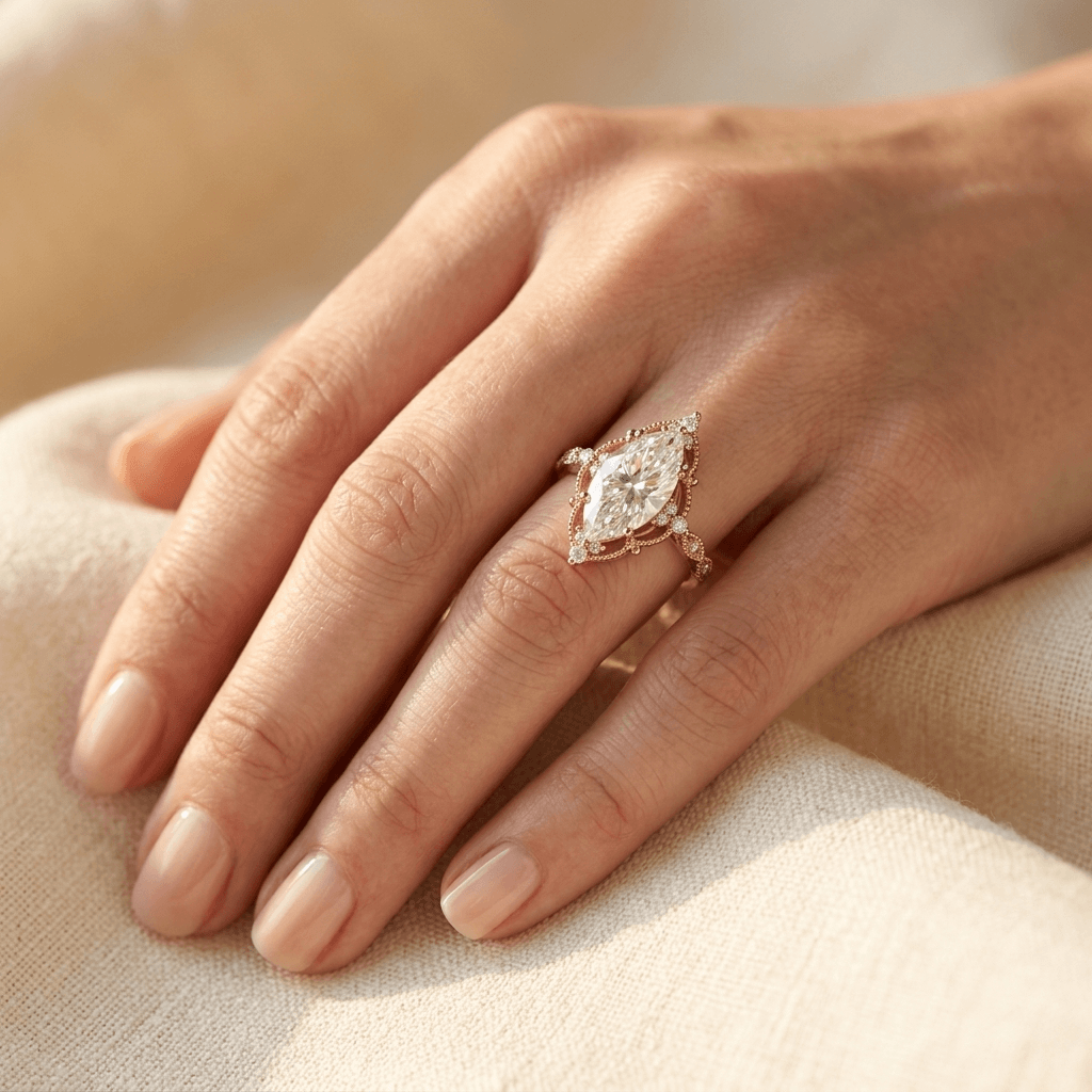 Vintage bohemien koperen ring met marquise rozenkwarts