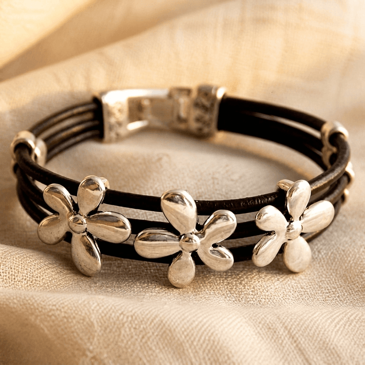 Silver Flower Charm Black Leather Bracelet