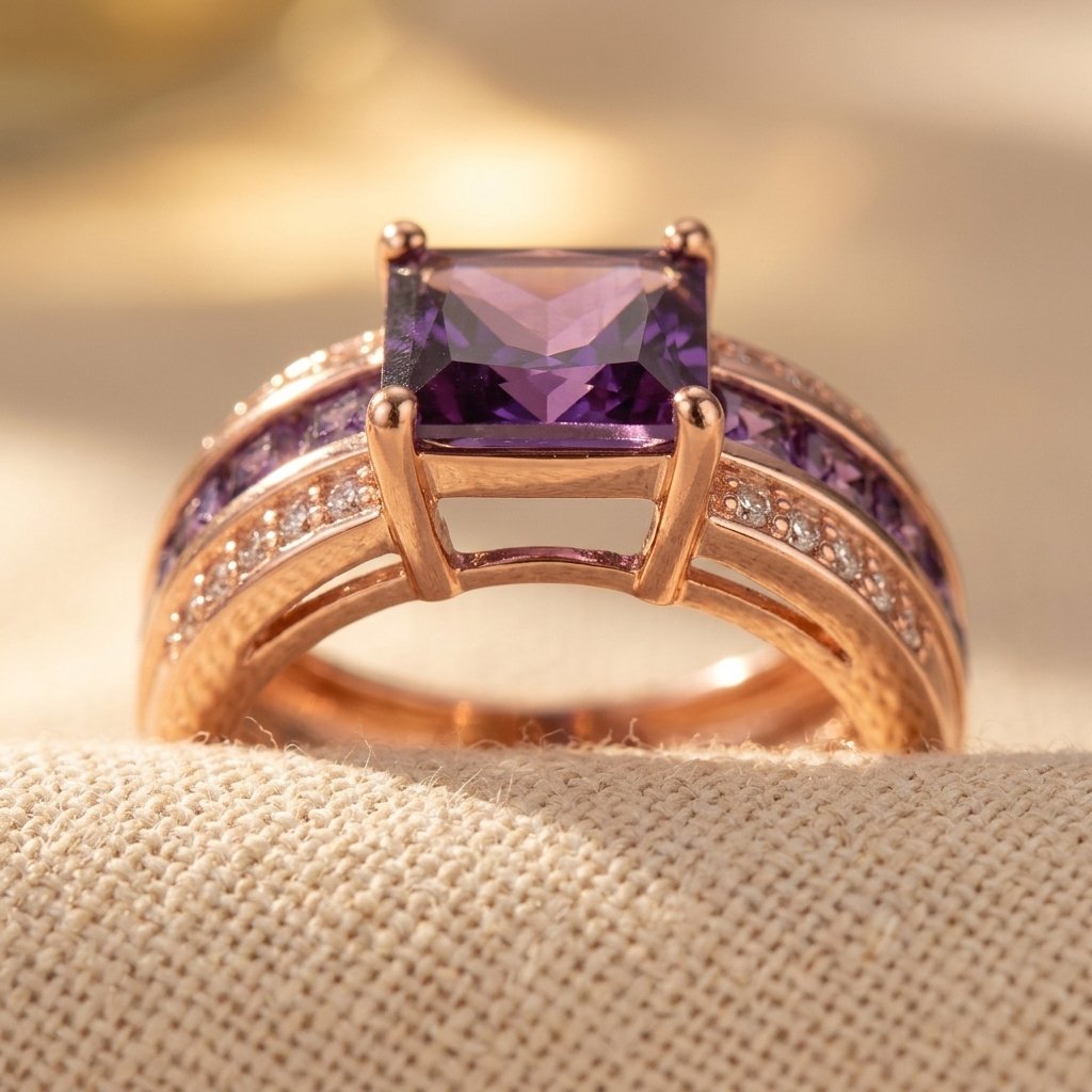 Elegante rechthoekige ring met paarse zirkonia in vintage stijl