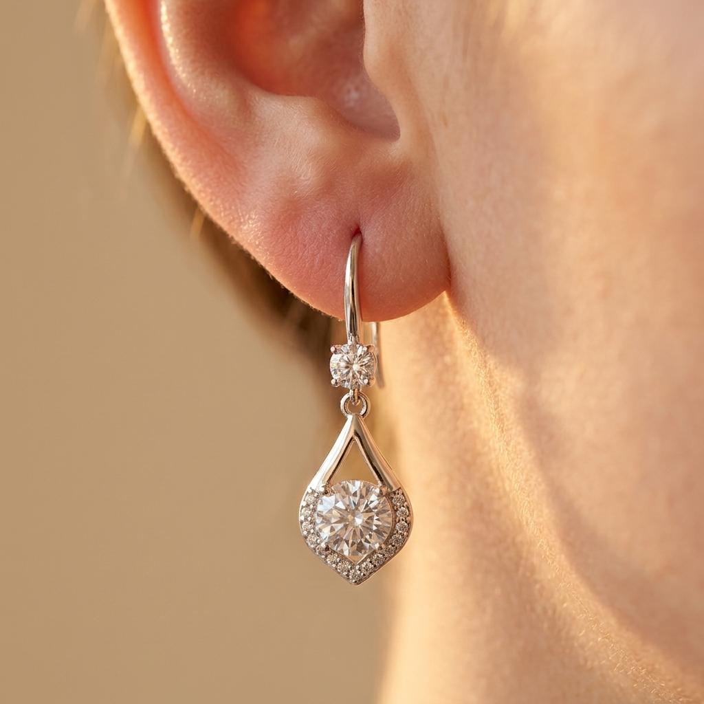 Sterling zilveren oorhangers met druppelvormige diamant