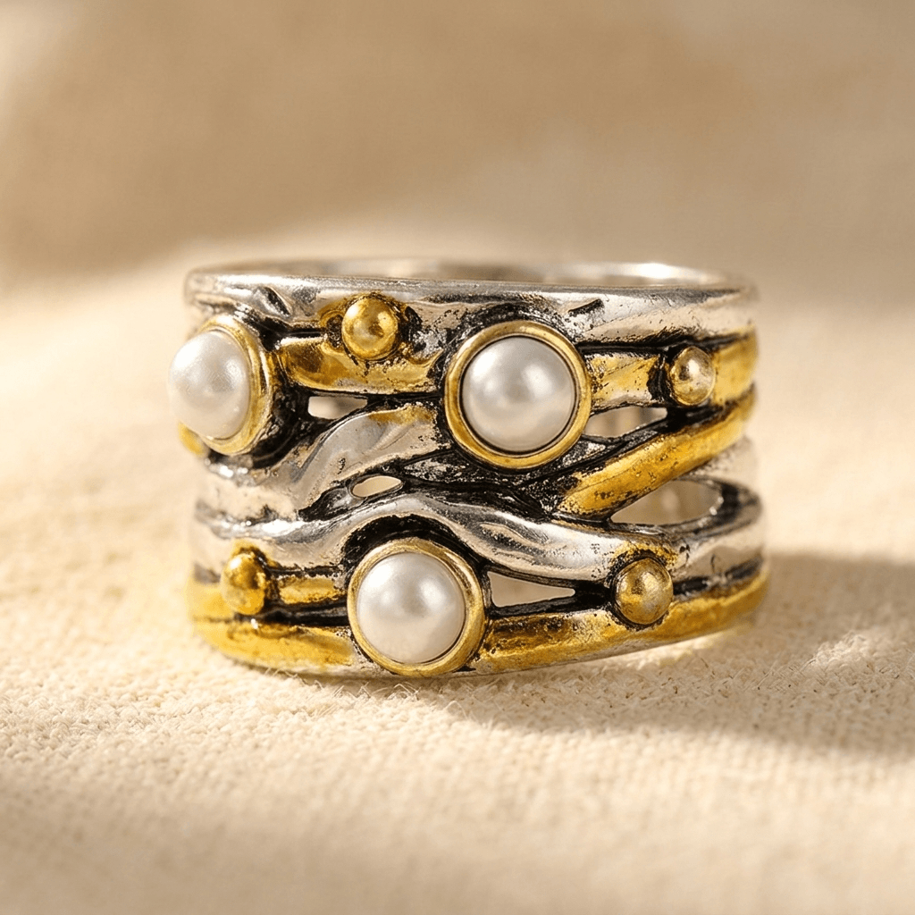 Vintage tweekleurige statement ring met parel