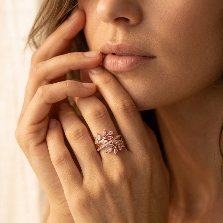 Rose Gold Pink Tourmaline Leaf Ring