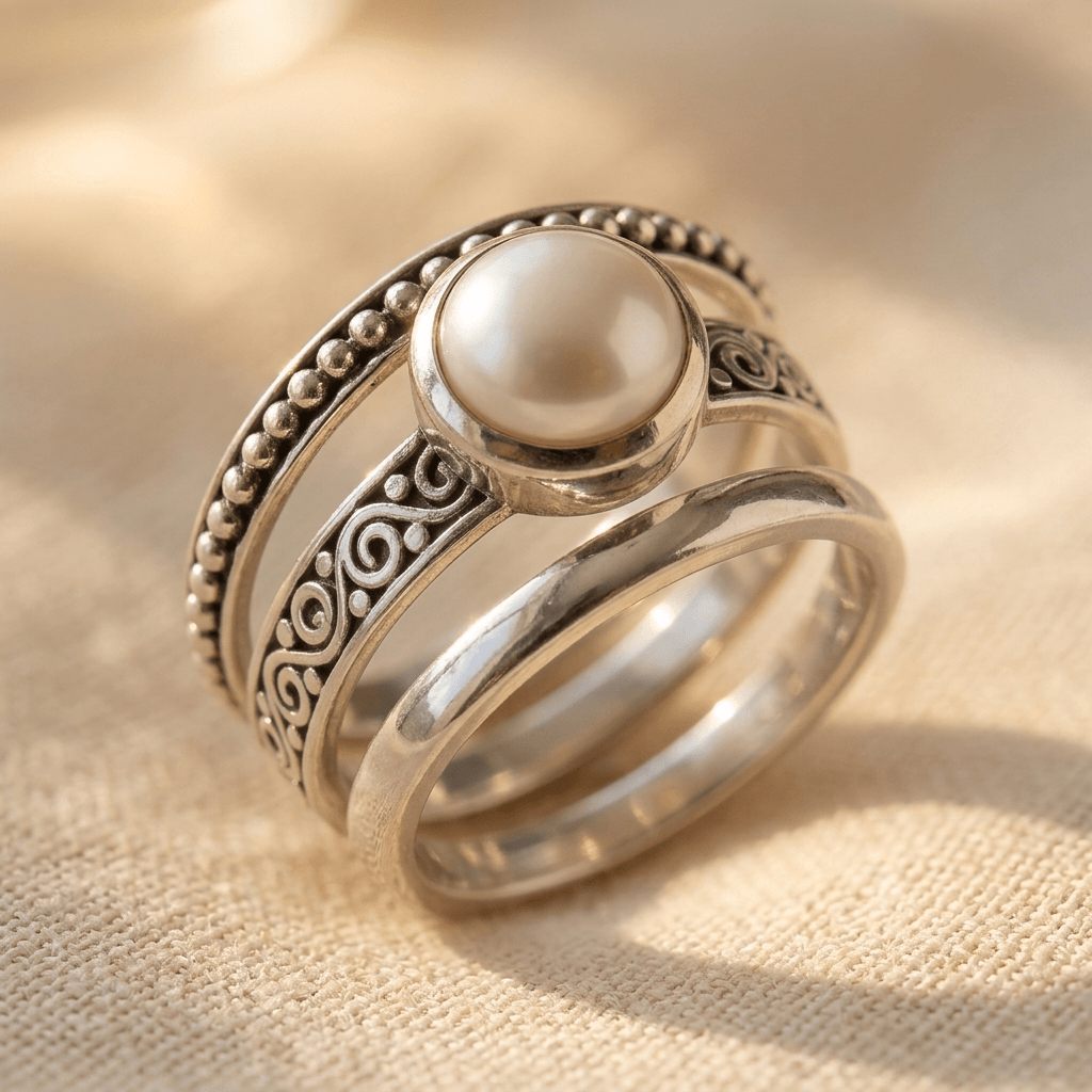 Bohemien zilverkleurige parel kralen ring