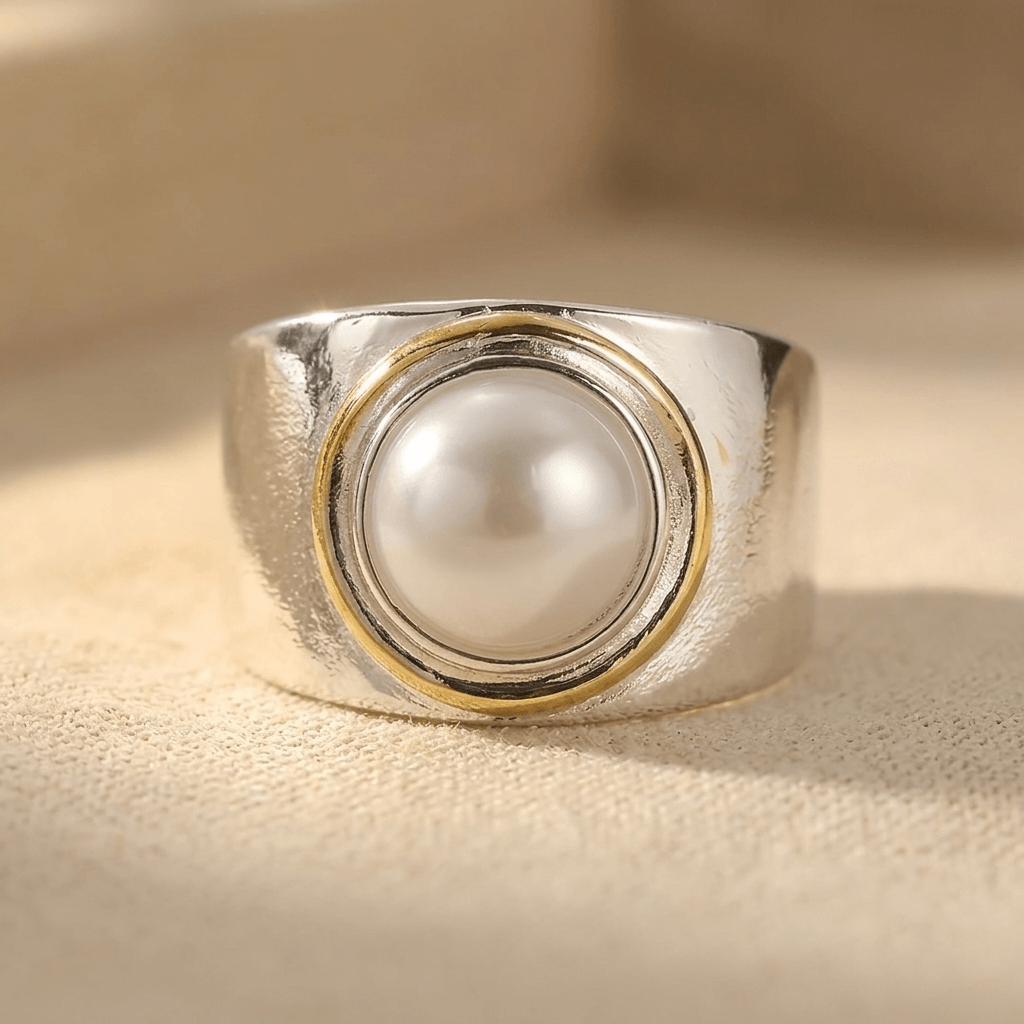 Vintage zilver- en goudkleurige statement ring met parel