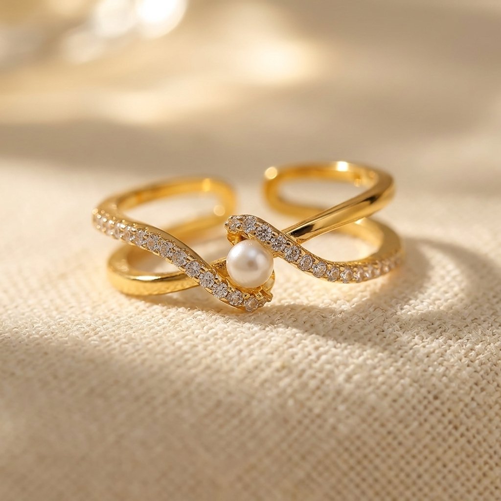 Goudkleurige gedraaide ring met parel en zirkonia