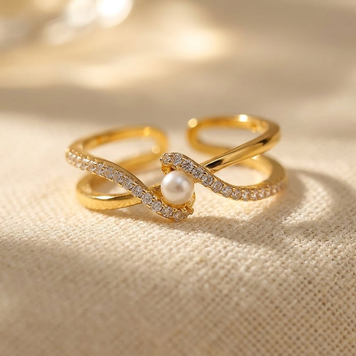 Gold Pearl Cubic Zirconia Twist Ring