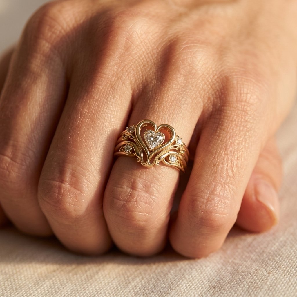 Goudkleurige filigrein hartring met diamant